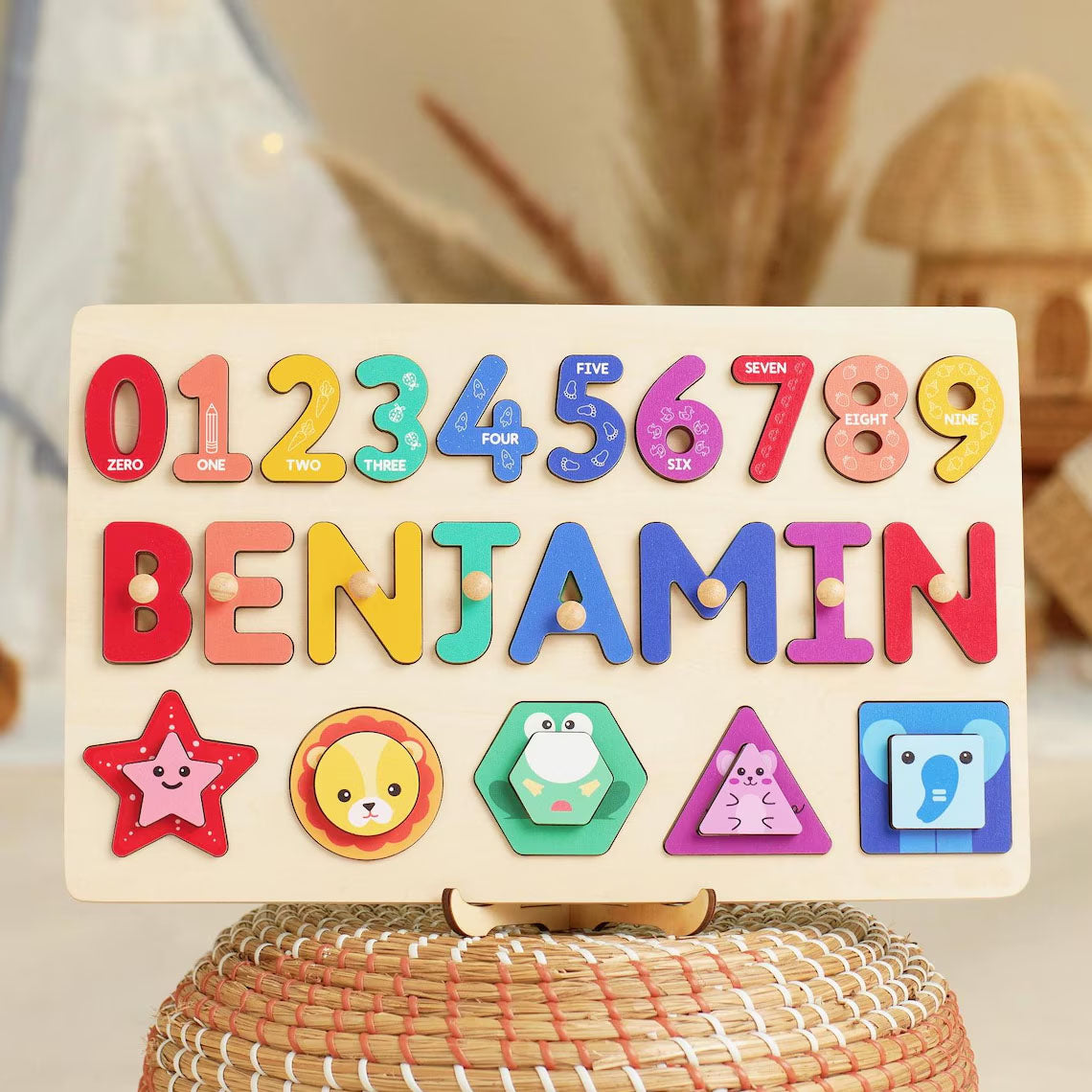 Personalized Name Puzzle With Numbers And Shapes, Gifts For Toddlers, Wooden Montessori Toys, 1st Birthday Gifts