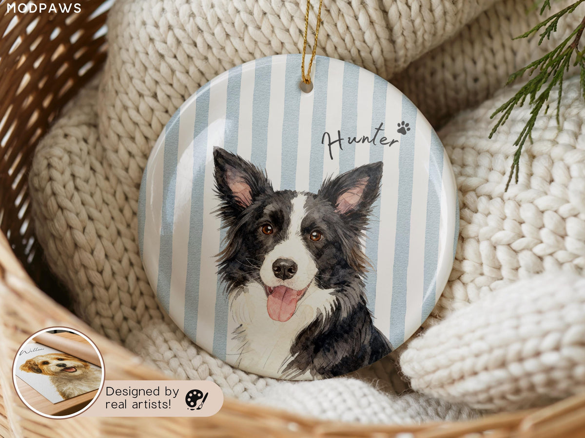 Blue striped watercolor Border Collie ornament with custom name
