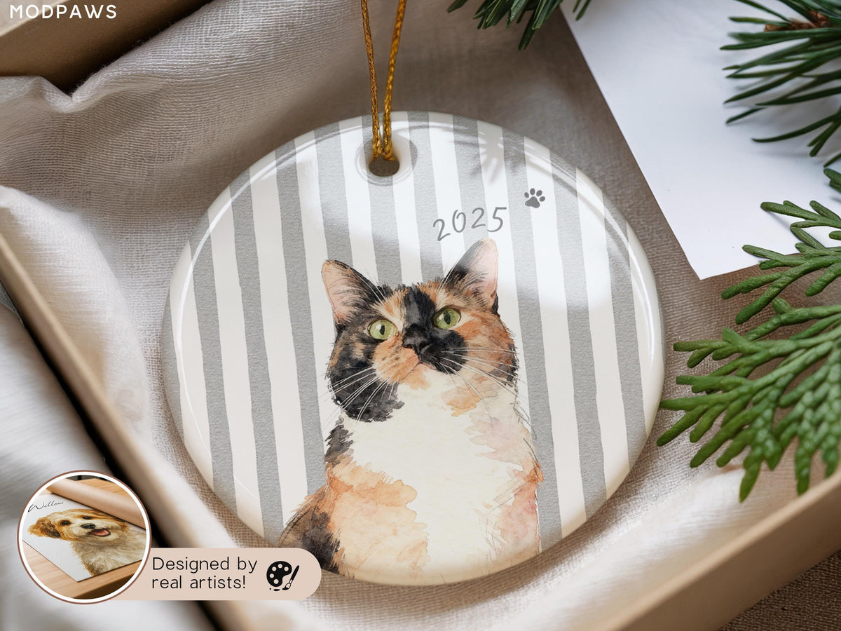 Grey striped calico cat portrait ornament with personalized year
