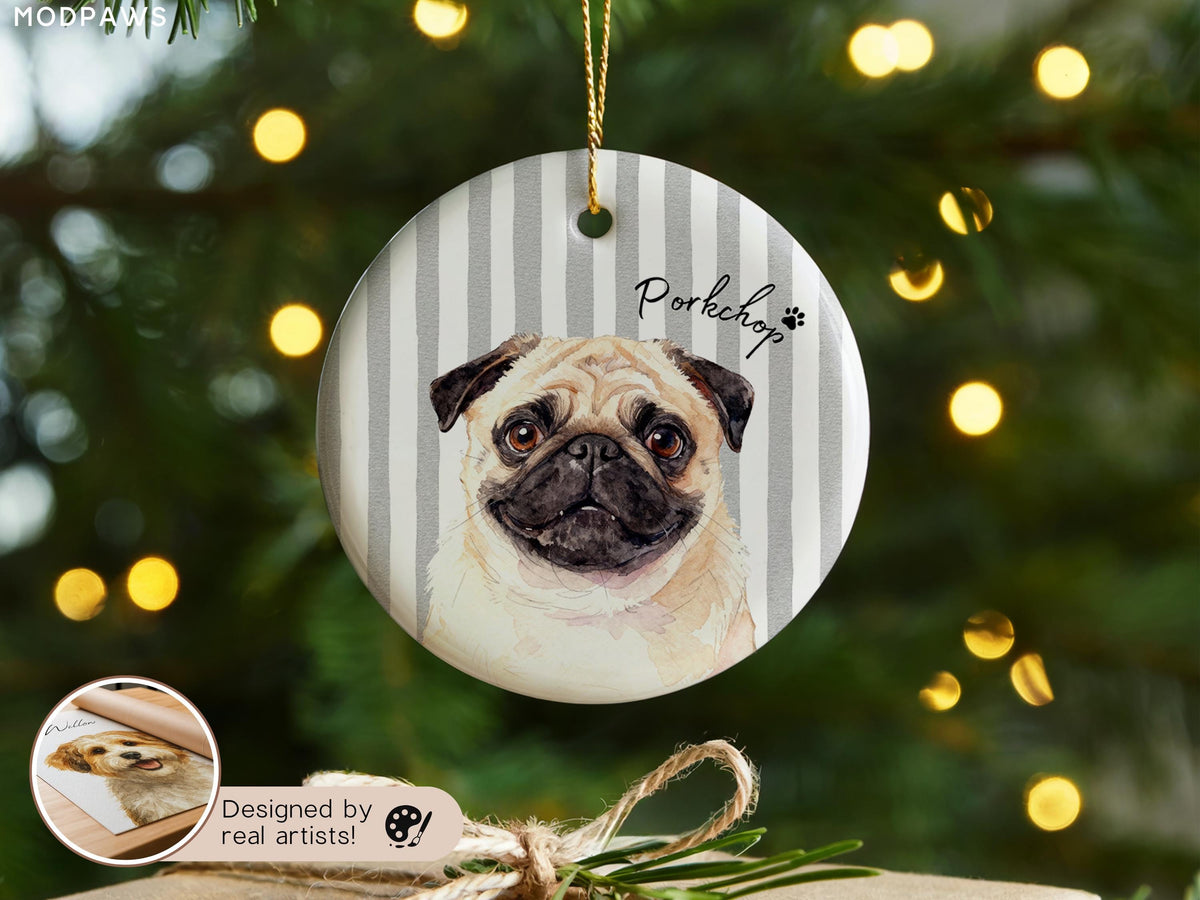 Grey striped pug portrait ornament personalized with Porkchop name