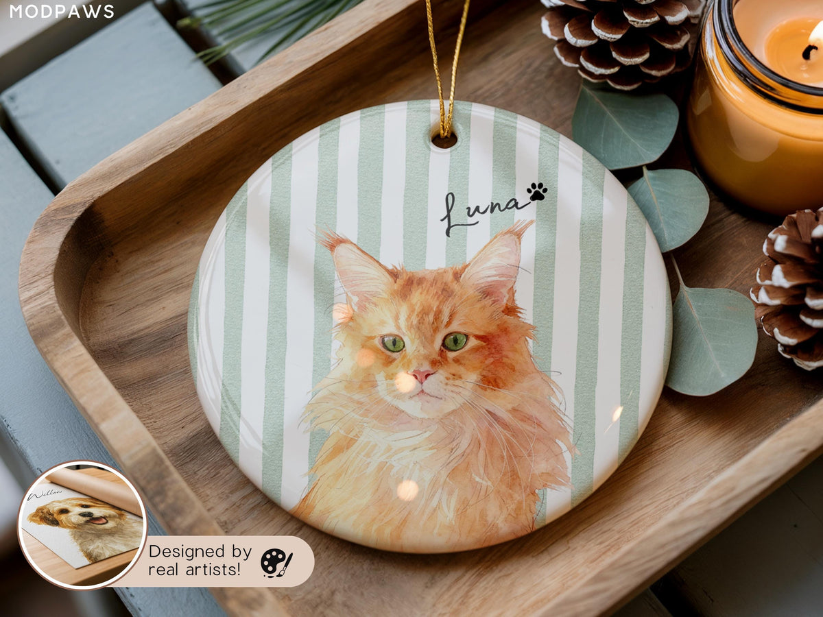 Green striped Maine Coon cat ornament personalized with Luna name