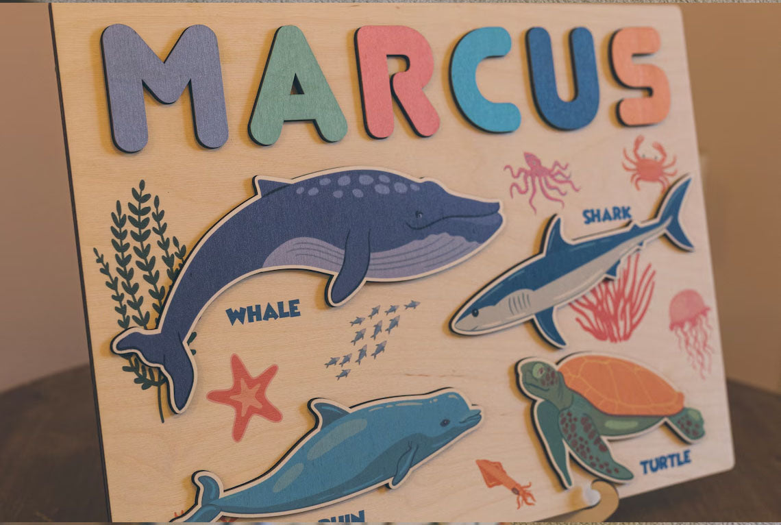 Sea Wooden Name Puzzle With Shapes And Letters -Educational Toys