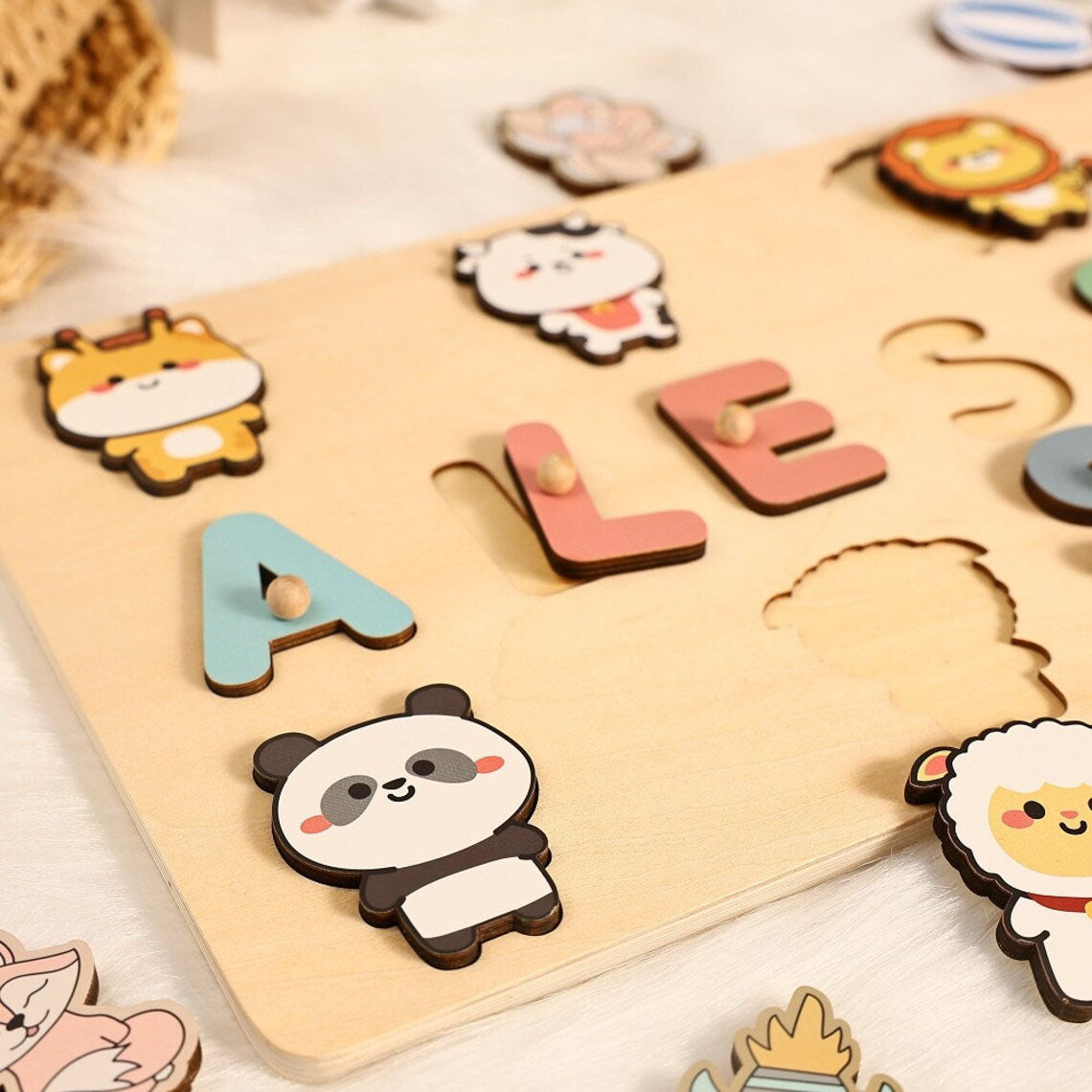 Wood Toys for One-Year-Old, Personalized Name Puzzle with Zoos-Animal, Custom Montessori Toys