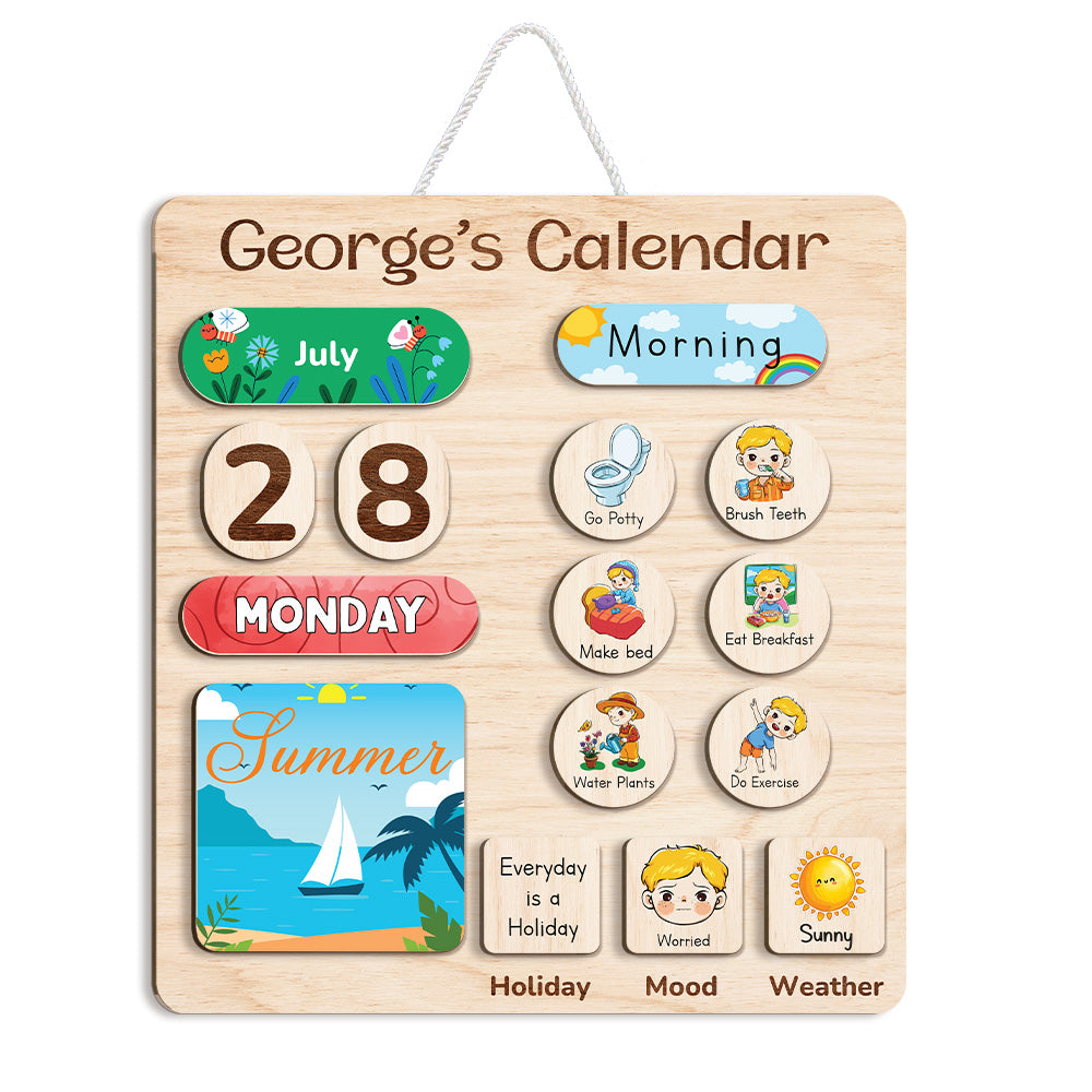 Personalized Montessori Toys Wooden Calendar For Kids Learning Day Month Weather, Wooden Chore Chart For Kids