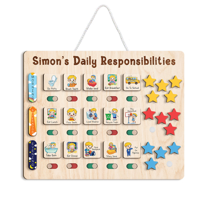 Custom Wooden Chart Of Chores, Wooden Daily Schedule With Star Rewards For Kids, Chore Chart For Kids