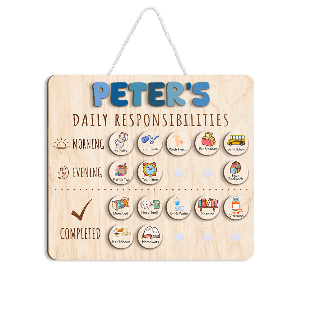 Personalized Wooden Daily Responsibilities For Boys, Chart Of Chores For Kids, Toddler Routine Chart