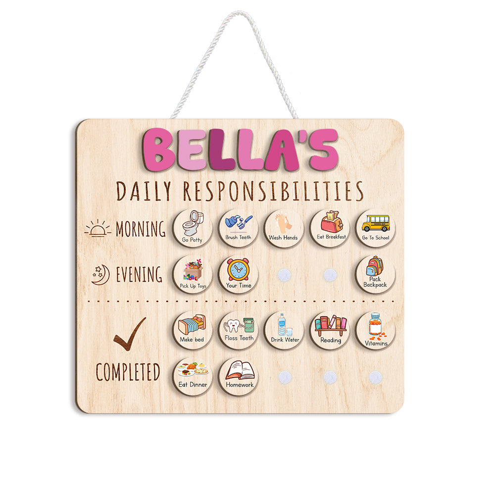Personalized Wooden Daily Responsibilities For Girls, Chart Of Chores For Kids, Toddler Routine Chart