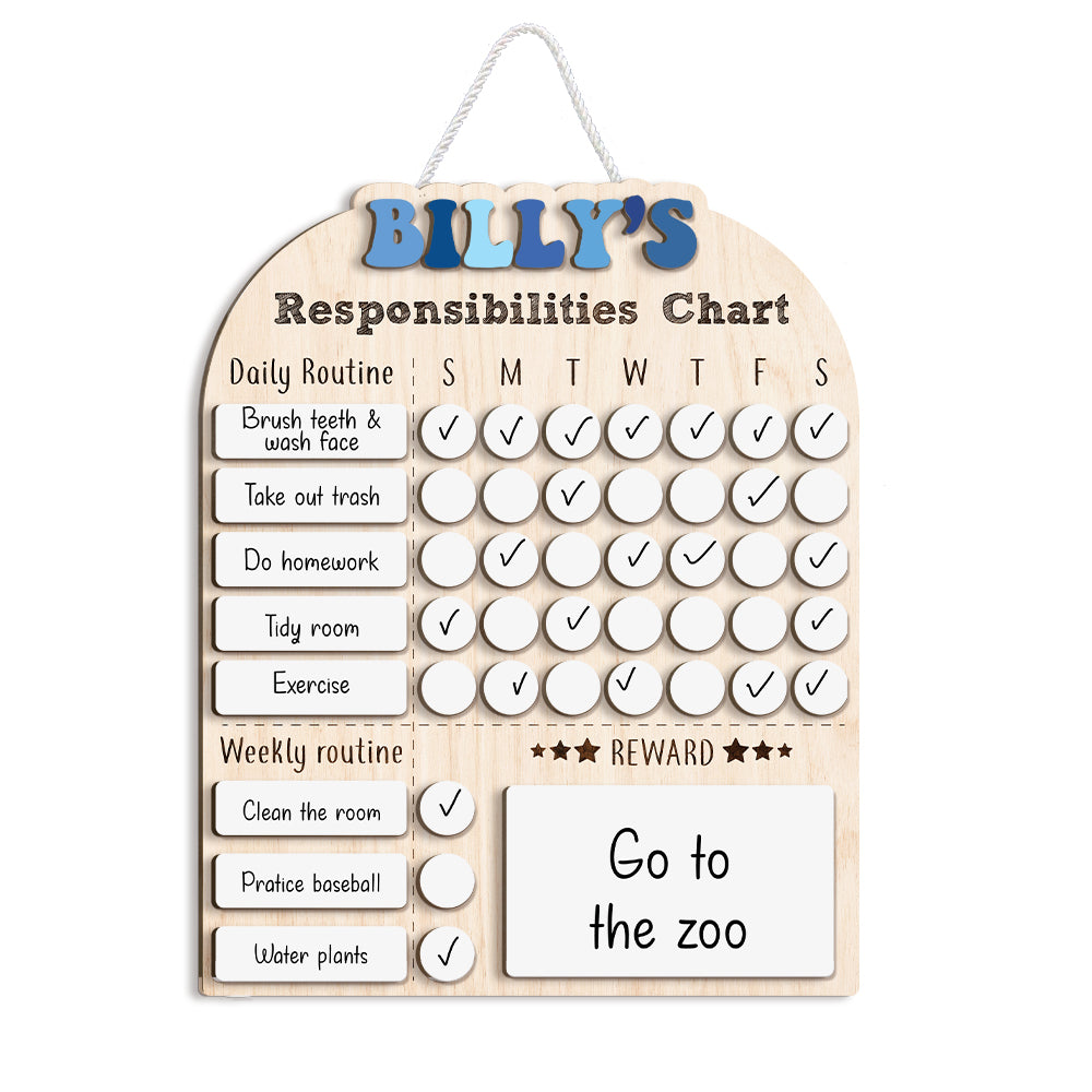 Personalized Weekly Chart For Kids, Wood Chore Chart For Boys Custom Name, Behavior Chart For Kids