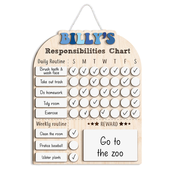 Personalized Weekly Chart For Kids, Wood Chore Chart For Boys Custom Name, Behavior Chart For Kids