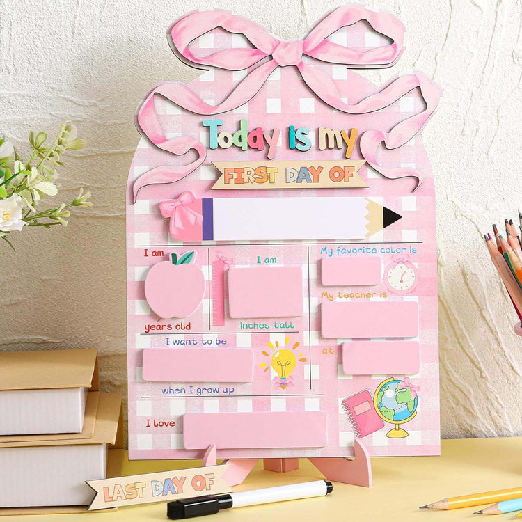 1 Set Pink Bow First Day and Last Day of School Board Sign for Kids Pink Bow School Chalkboard with Markers Reusable Personalized Chalkboard for Kids Preschool Kindergarten Photo Prop Gifts