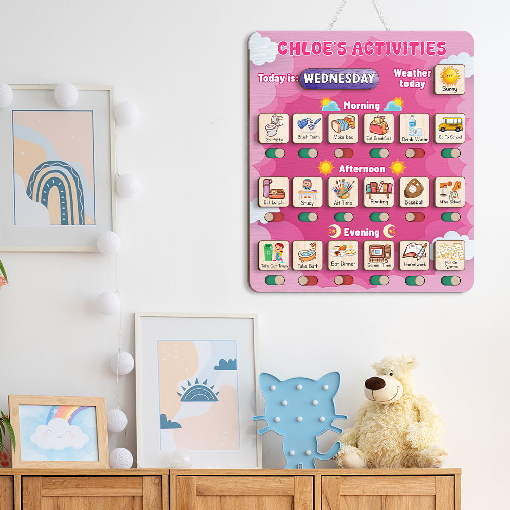 Personalized Wooden Daily Routine Today's Activities For Girls, Chore Chart List For Kids, Toddler Routine Chart