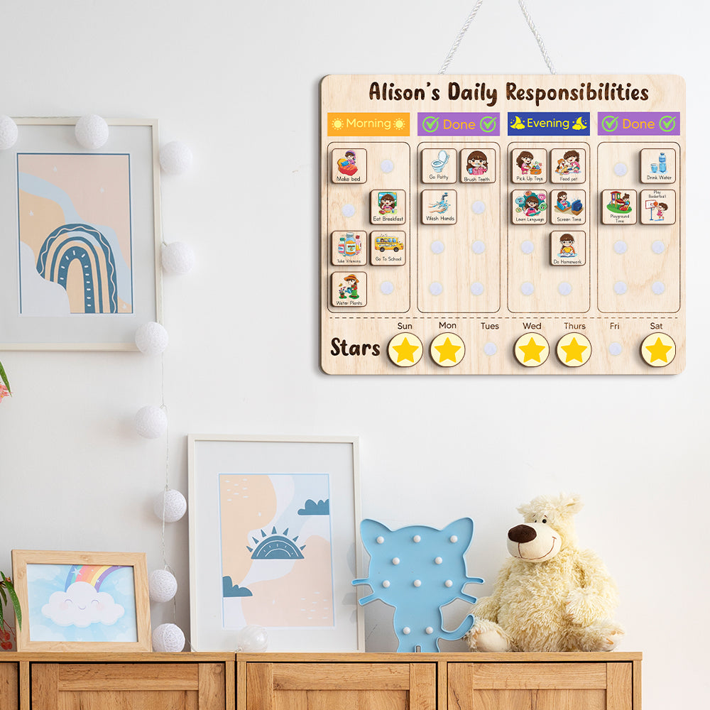 Personalized Wooden Daily Responsibilities Chore List For Kids, Wooden Chore Chart For Kids, Toddler Routine Board