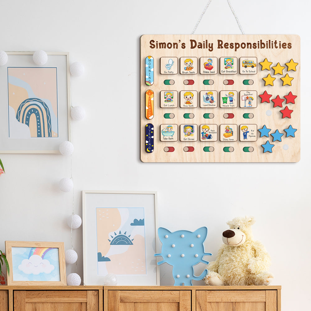 Custom Wooden Chart Of Chores, Wooden Daily Schedule With Star Rewards For Kids, Chore Chart For Kids