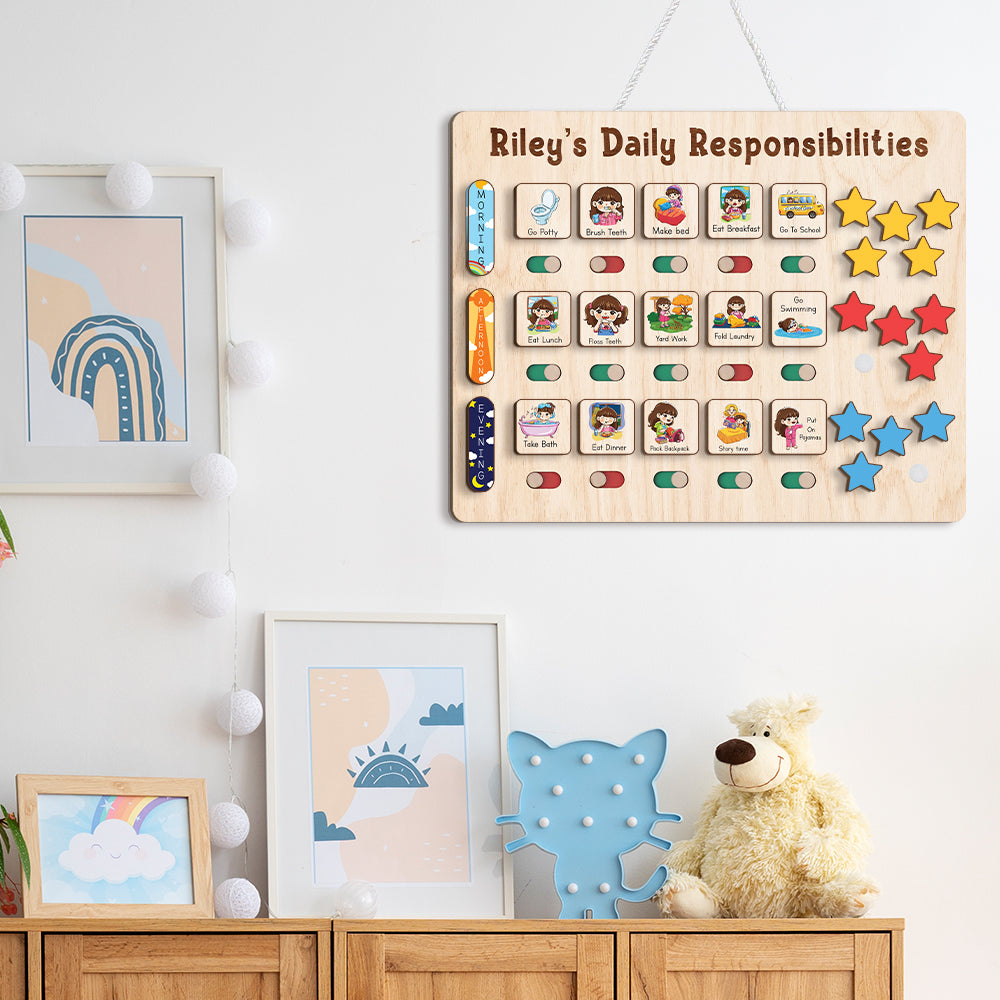 Custom Wooden Chart Of Chores, Wooden Daily Schedule With Star Rewards For Kids, Chore Chart For Kids