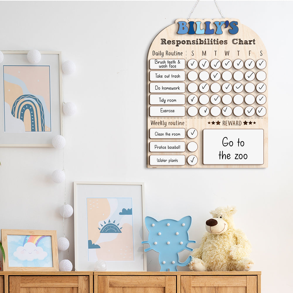 Personalized Weekly Chart For Kids, Wood Chore Chart For Boys Custom Name, Behavior Chart For Kids