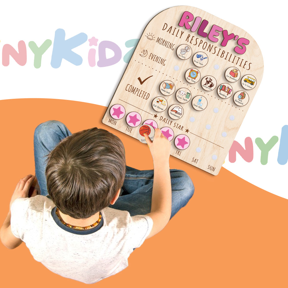 Personalized Wooden Daily Responsibilities Chart Of Chores With Stars Reward For Girls, Wooden Chore Chart For Kids
