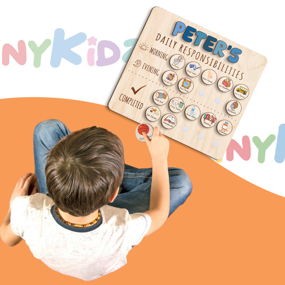 Personalized Wooden Daily Responsibilities For Boys, Chart Of Chores For Kids, Toddler Routine Chart