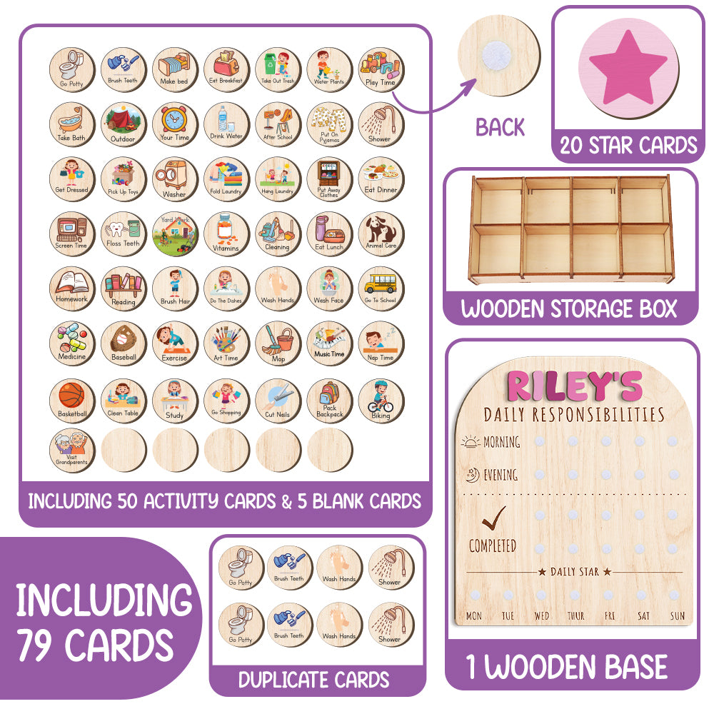 Personalized Wooden Daily Responsibilities Chart Of Chores With Stars Reward For Girls, Wooden Chore Chart For Kids