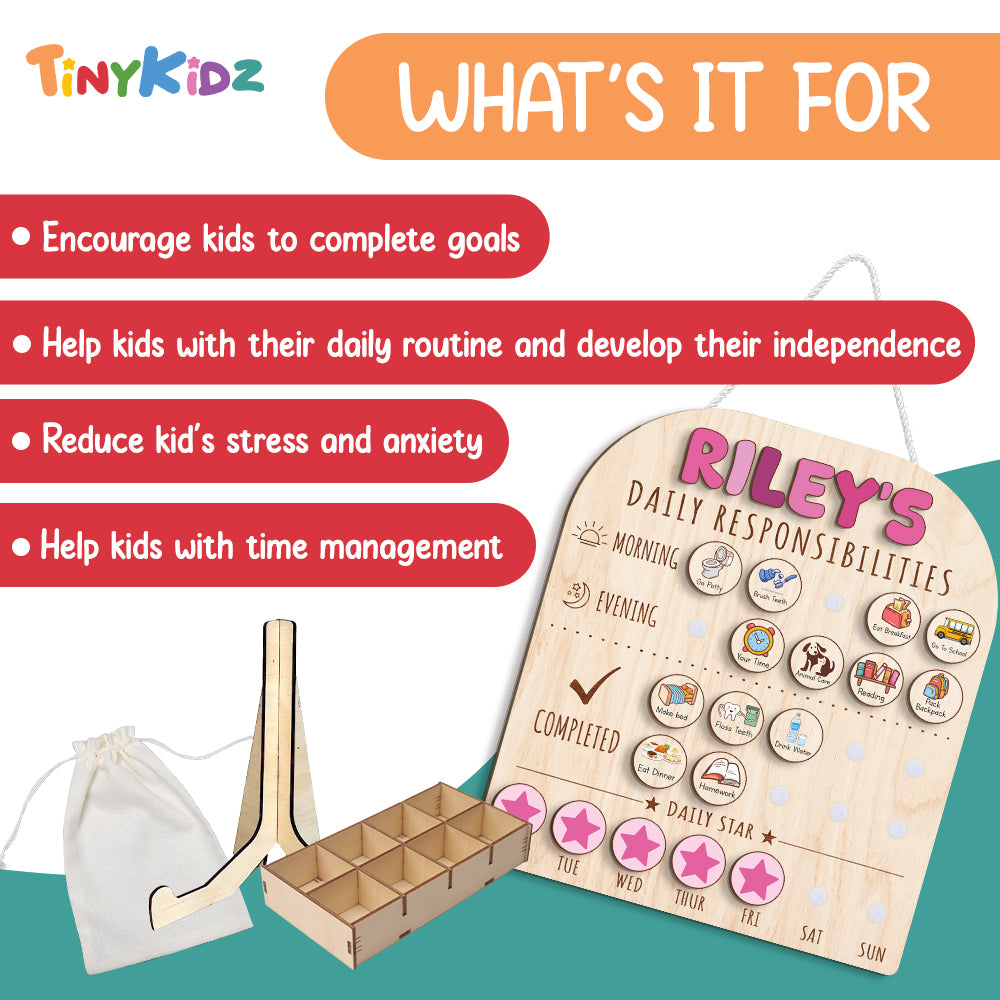 Personalized Wooden Daily Responsibilities Chart Of Chores With Stars Reward For Girls, Wooden Chore Chart For Kids
