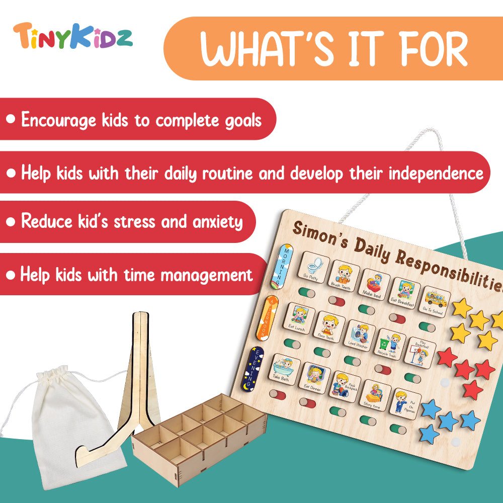 Custom Wooden Chart Of Chores, Wooden Daily Schedule With Star Rewards For Kids, Chore Chart For Kids