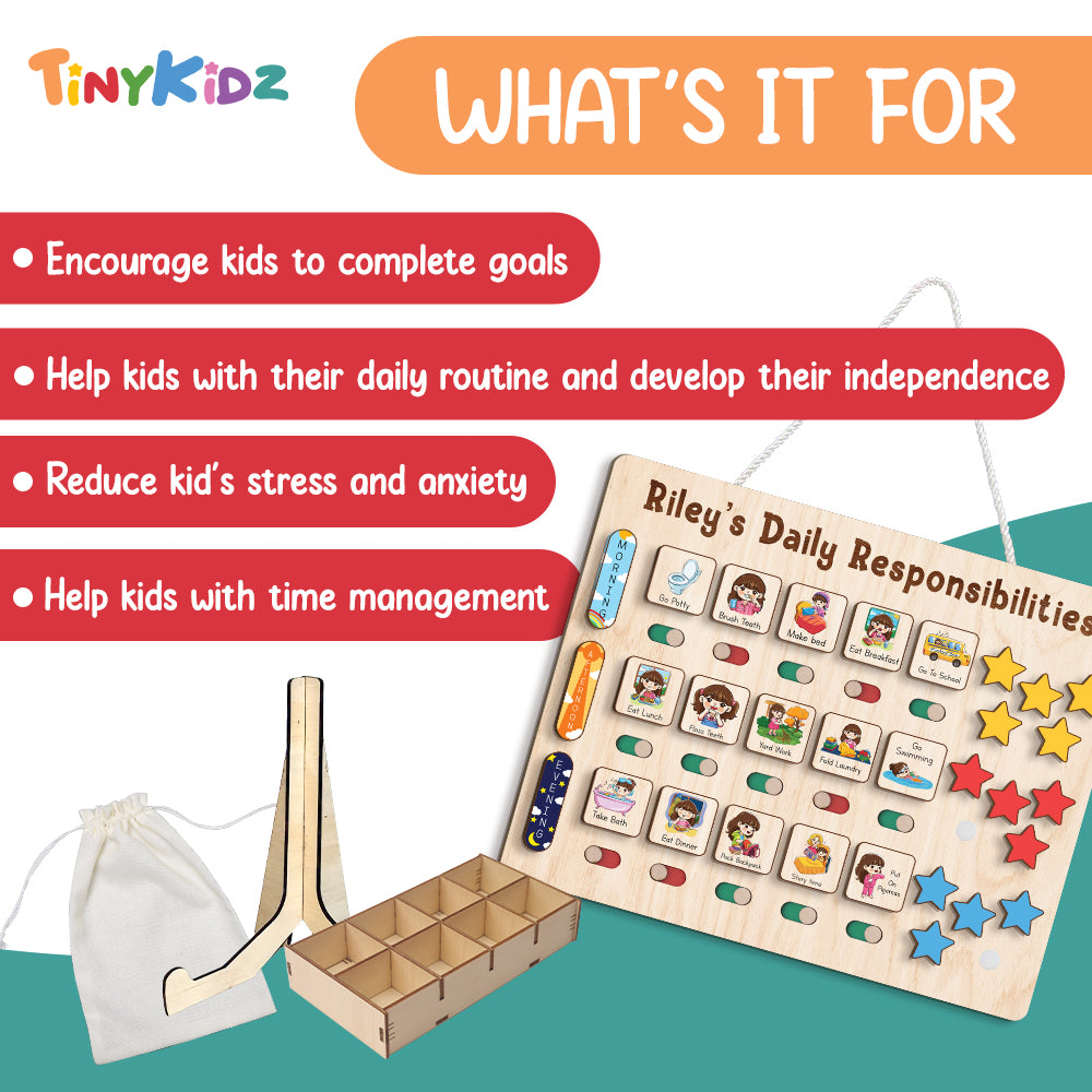 Custom Wooden Chart Of Chores, Wooden Daily Schedule With Star Rewards For Kids, Chore Chart For Kids