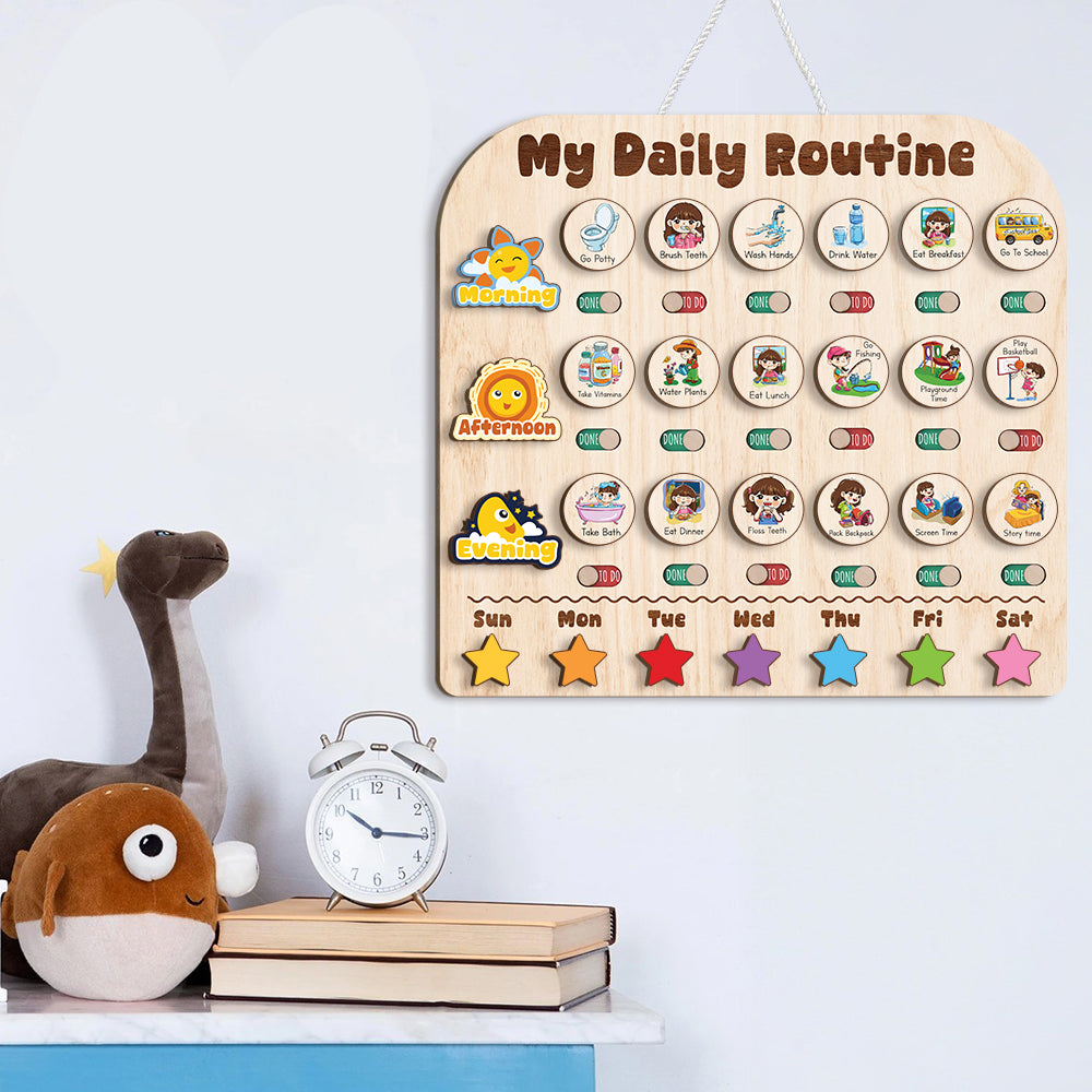 Wooden Daily Routine With Stars, Chore Chart For Kids, Visual Schedule For Kids, Behavior Chart For Kids