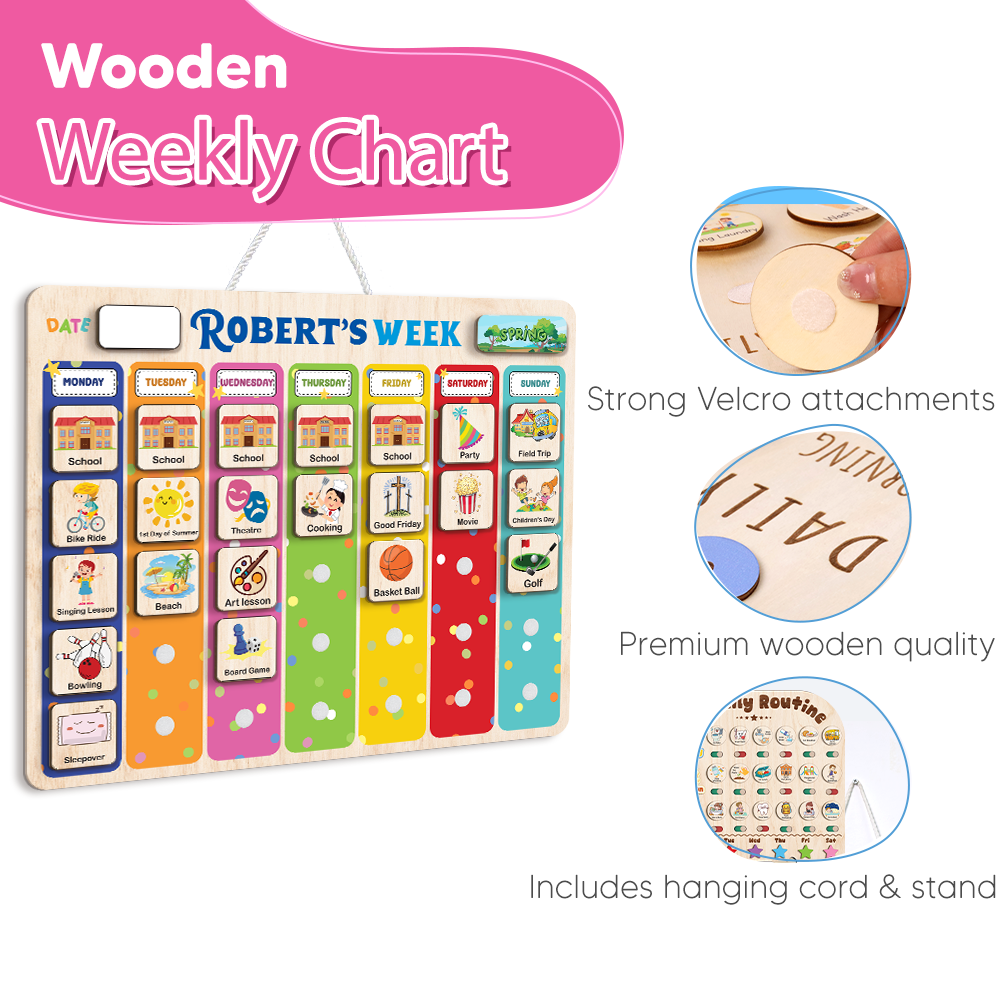 Personalized Wooden Weekly Chart For Kids, Weekly Planner for Children, Chore Chart For Toddlers