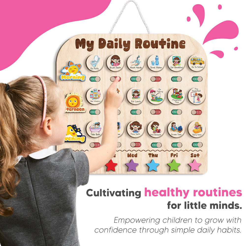 Wooden Daily Routine With Stars, Chore Chart For Kids, Visual Schedule For Kids, Behavior Chart For Kids