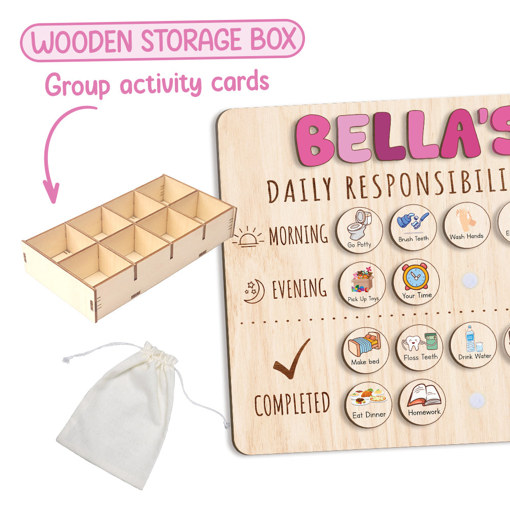 Personalized Wooden Daily Responsibilities For Girls, Chart Of Chores For Kids, Toddler Routine Chart
