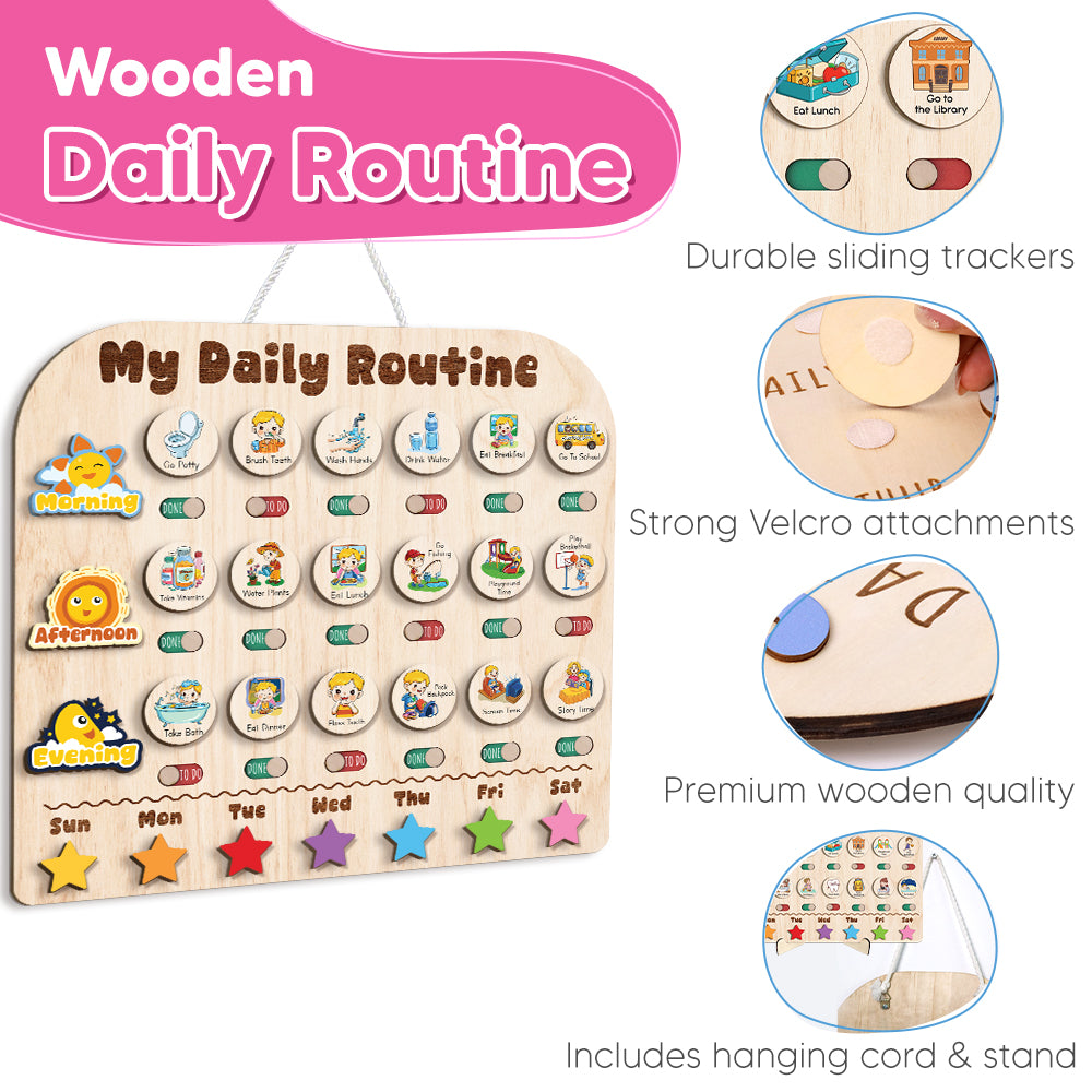 Wooden Daily Routine With Stars, Chore Chart For Kids, Visual Schedule For Kids, Behavior Chart For Kids