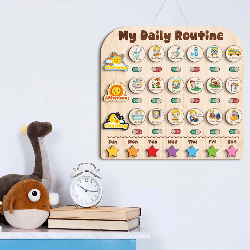 Wooden Daily Routine With Stars, Chore Chart For Kids, Visual Schedule For Kids, Behavior Chart For Kids