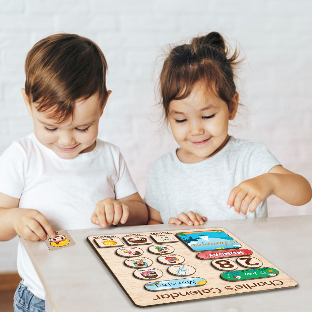 Personalized Montessori Toys Wooden Calendar For Kids Learning Day Month Weather, Wooden Chore Chart For Kids