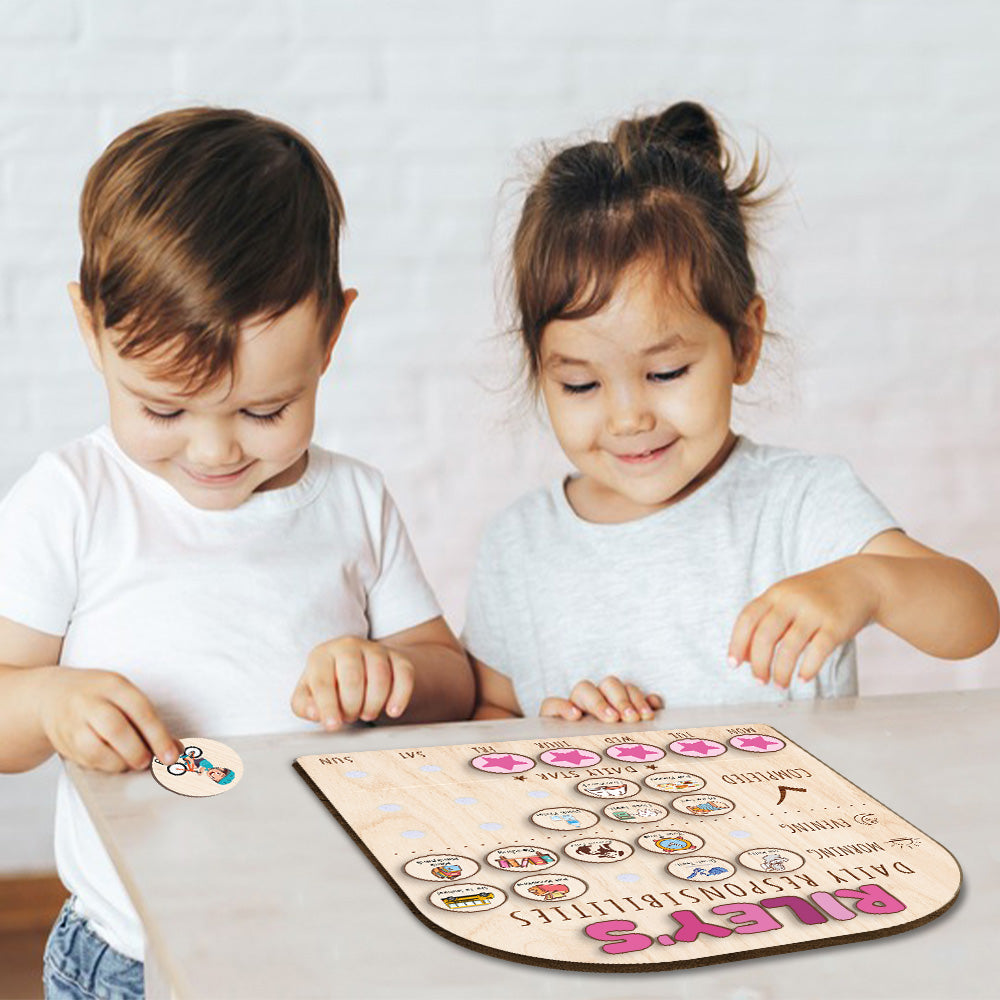 Personalized Wooden Daily Responsibilities Chart Of Chores With Stars Reward For Girls, Wooden Chore Chart For Kids