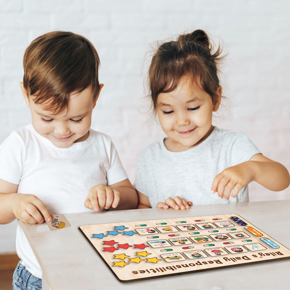 Custom Wooden Chart Of Chores, Wooden Daily Schedule With Star Rewards For Kids, Chore Chart For Kids