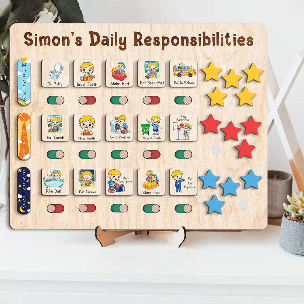 Custom Wooden Chart Of Chores, Wooden Daily Schedule With Star Rewards For Kids, Chore Chart For Kids