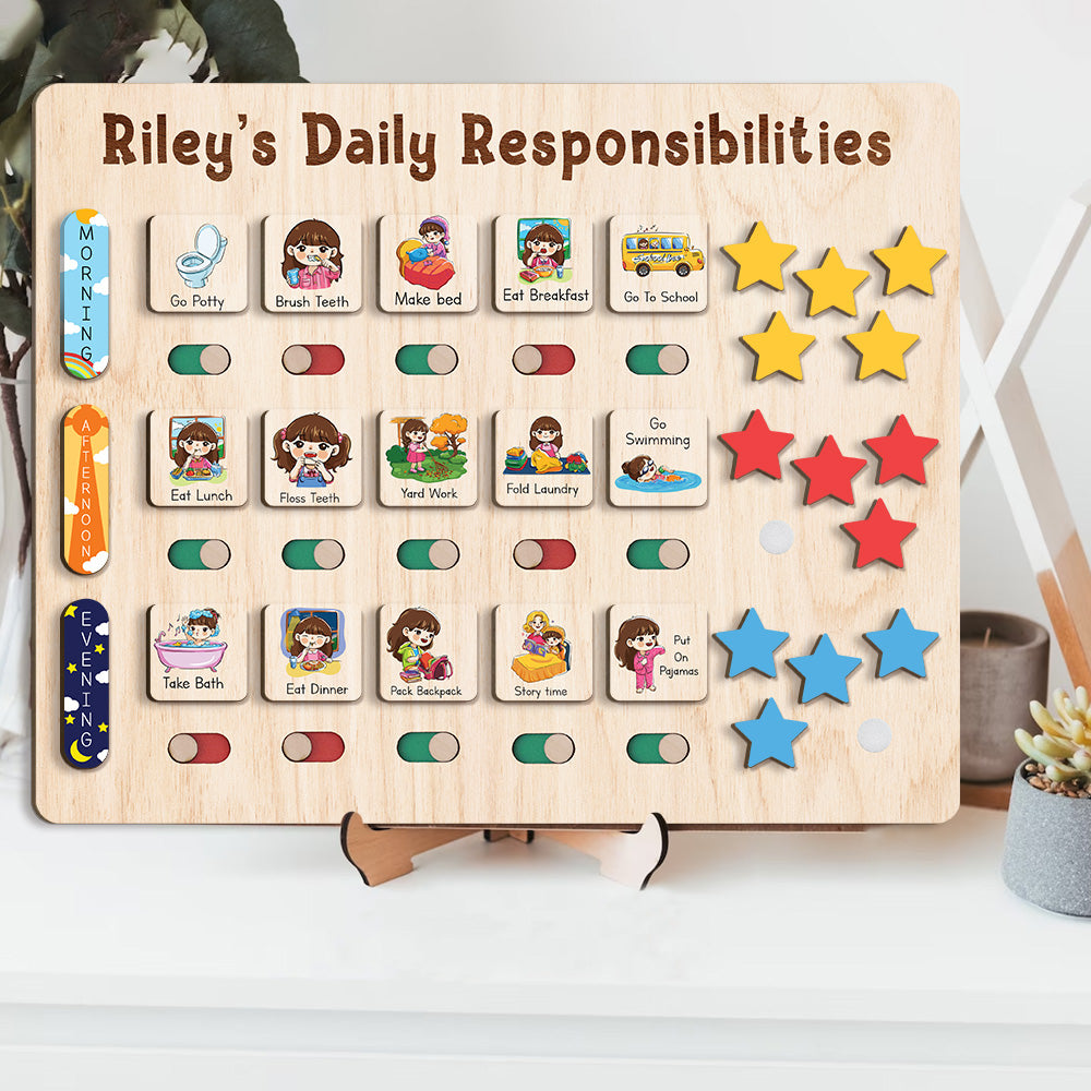 Custom Wooden Chart Of Chores, Wooden Daily Schedule With Star Rewards For Kids, Chore Chart For Kids