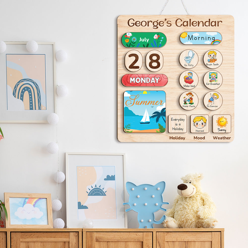 Personalized Montessori Toys Wooden Calendar For Kids Learning Day Month Weather, Wooden Chore Chart For Kids