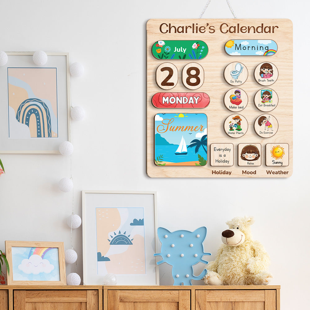 Personalized Montessori Toys Wooden Calendar For Kids Learning Day Month Weather, Wooden Chore Chart For Kids