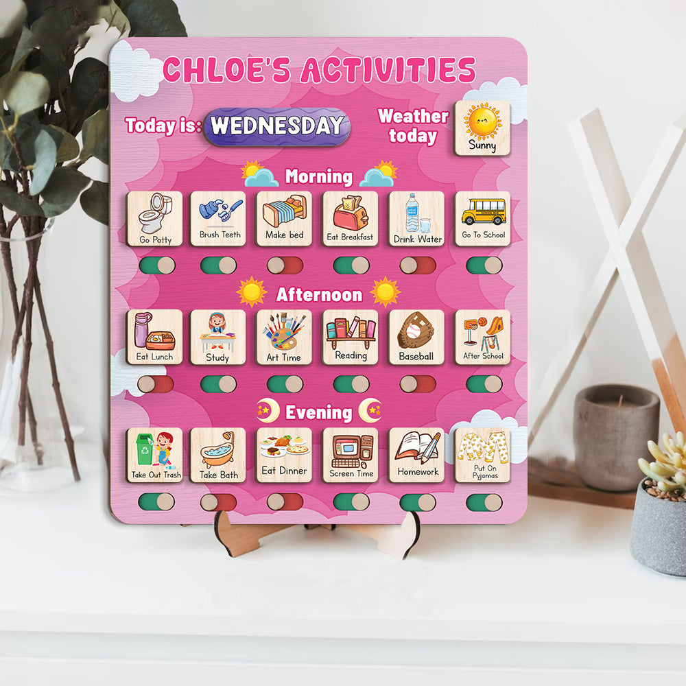 Personalized Wooden Daily Routine Today's Activities For Girls, Chore Chart List For Kids, Toddler Routine Chart