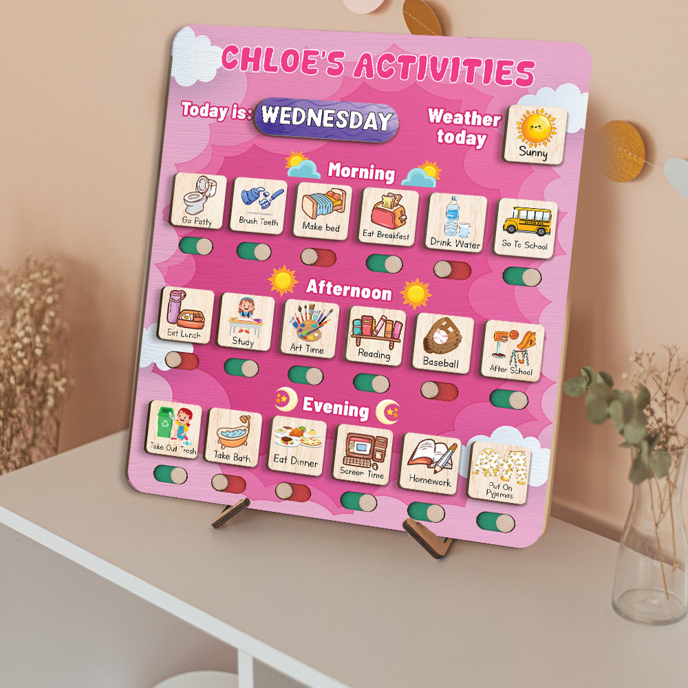 Personalized Wooden Daily Routine Today's Activities For Girls, Chore Chart List For Kids, Toddler Routine Chart