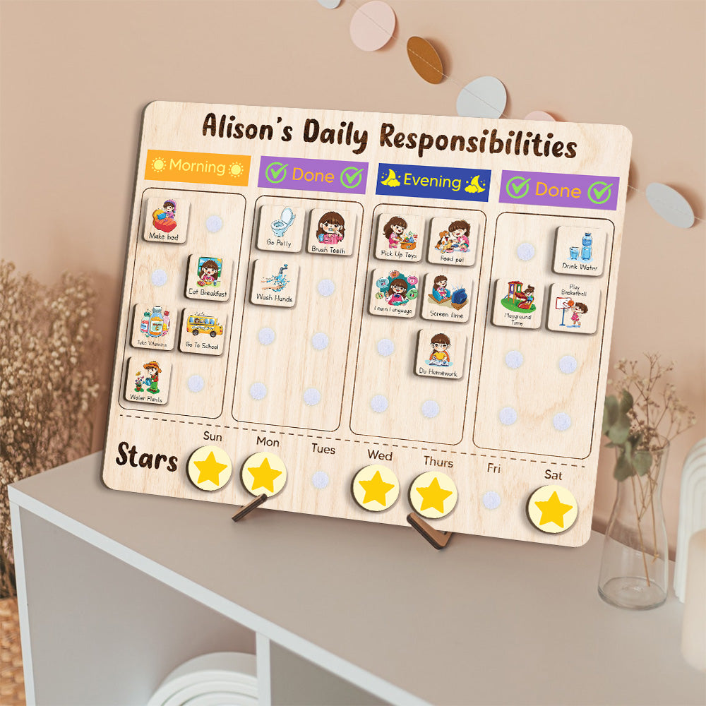 Personalized Wooden Daily Responsibilities Chore List For Kids, Wooden Chore Chart For Kids, Toddler Routine Board