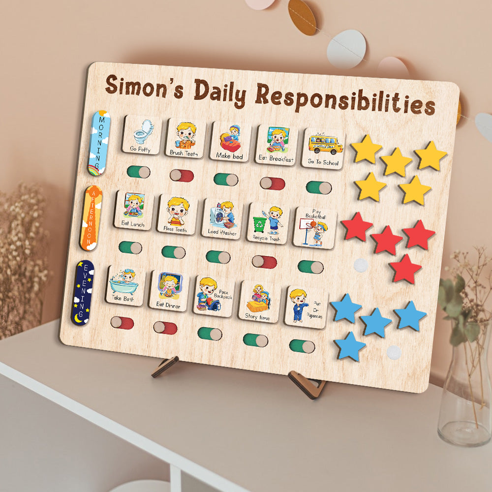Custom Wooden Chart Of Chores, Wooden Daily Schedule With Star Rewards For Kids, Chore Chart For Kids