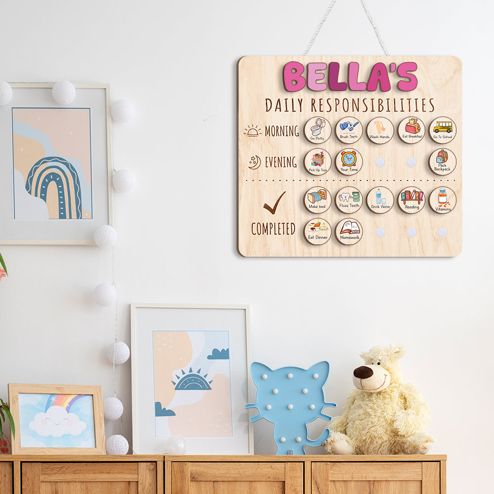 Personalized Wooden Daily Responsibilities For Girls, Chart Of Chores For Kids, Toddler Routine Chart