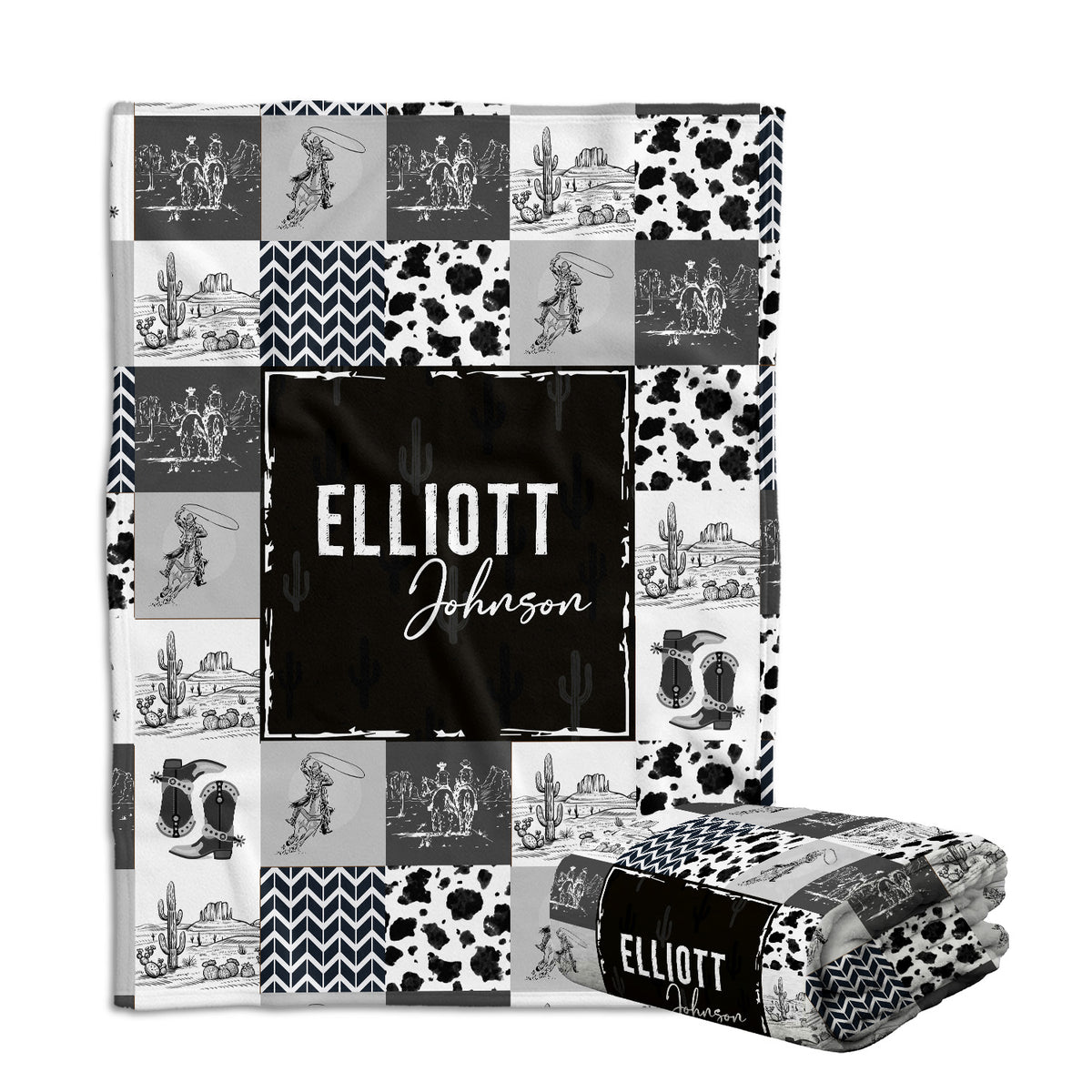 Baby Cowboy Blankets for Boys Girls, Black Western Blanket Pattern, Baby Stuff, Personalized Name Fleece Blankets for Son Newborn Infant