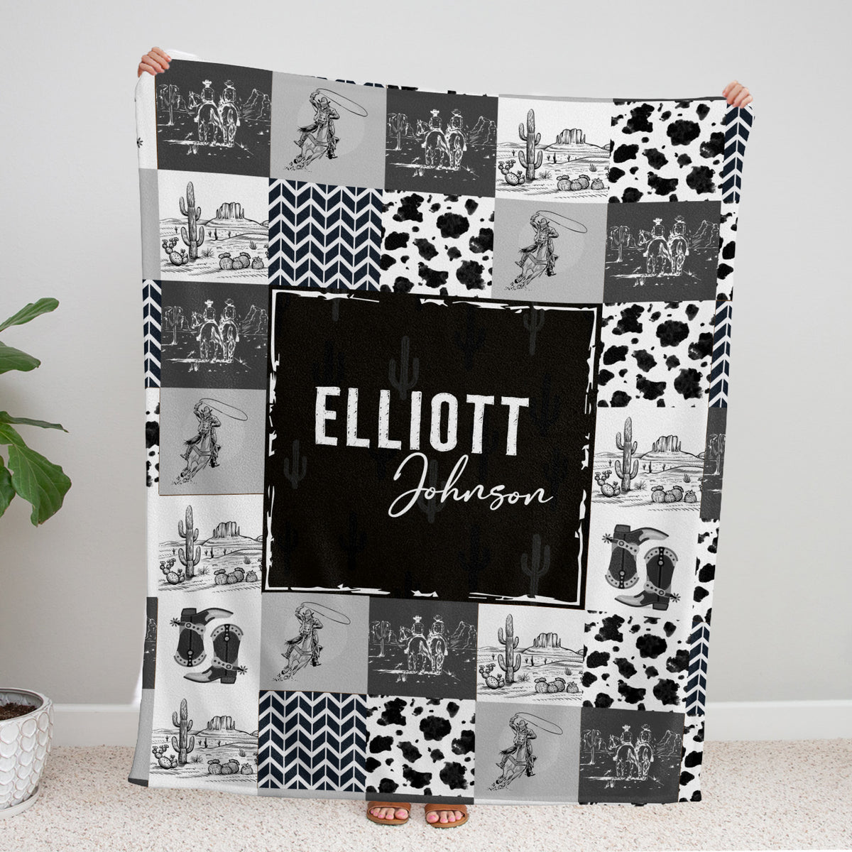 Baby Cowboy Blankets for Boys Girls, Black Western Blanket Pattern, Baby Stuff, Personalized Name Fleece Blankets for Son Newborn Infant
