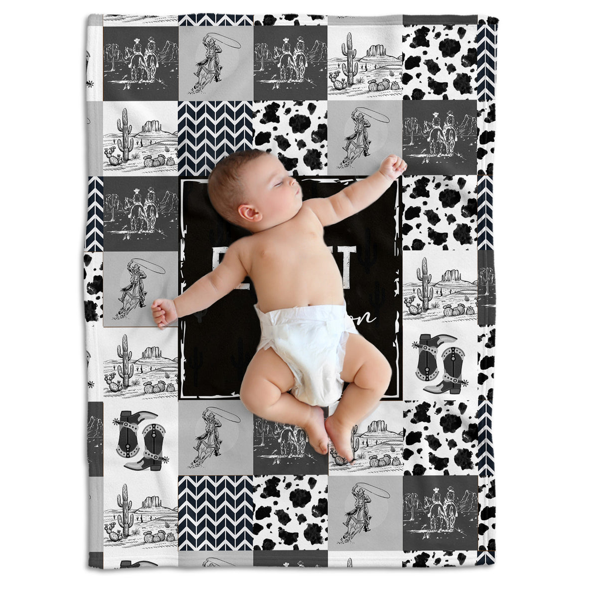 Baby Cowboy Blankets for Boys Girls, Black Western Blanket Pattern, Baby Stuff, Personalized Name Fleece Blankets for Son Newborn Infant