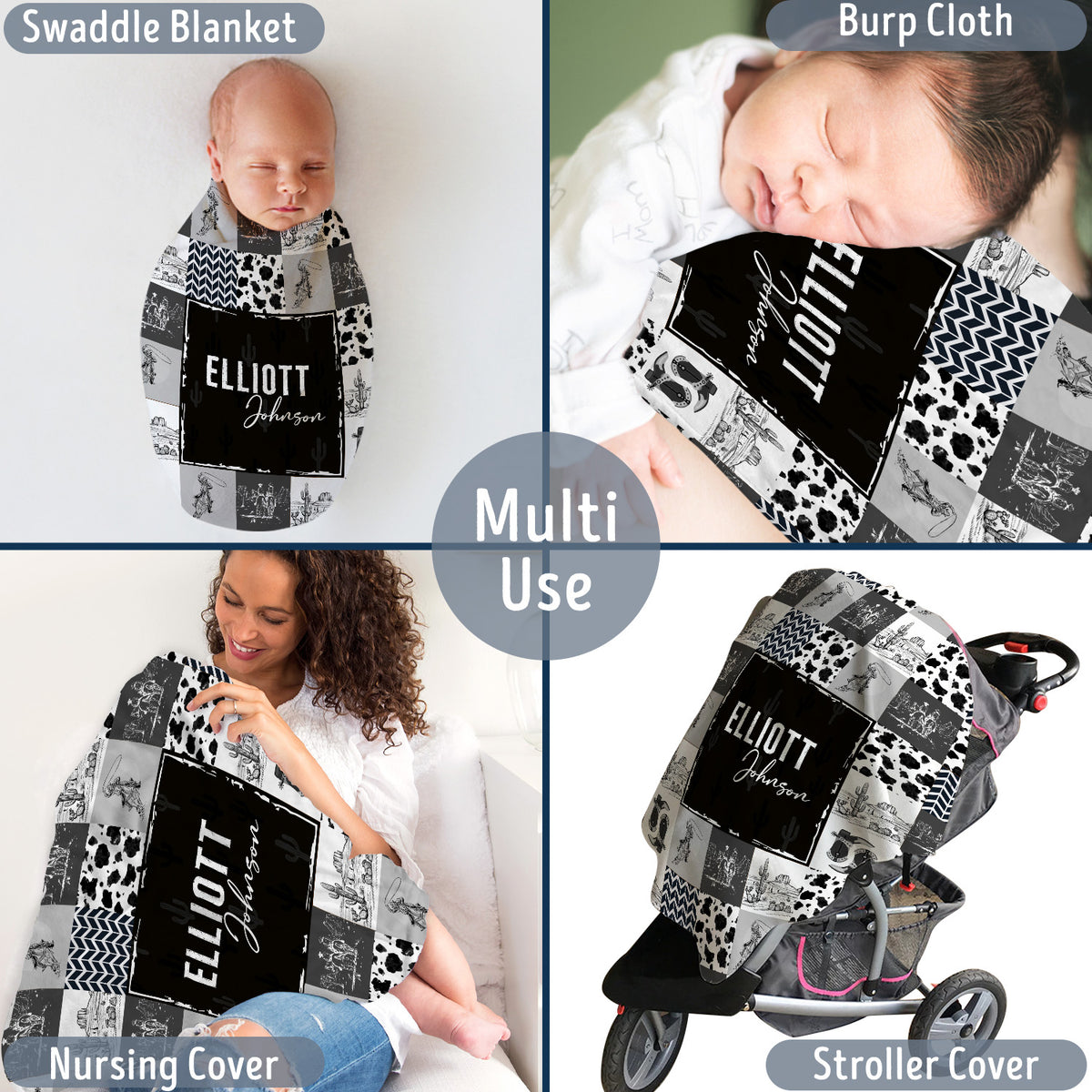 Baby Cowboy Blankets for Boys Girls, Black Western Blanket Pattern, Baby Stuff, Personalized Name Fleece Blankets for Son Newborn Infant