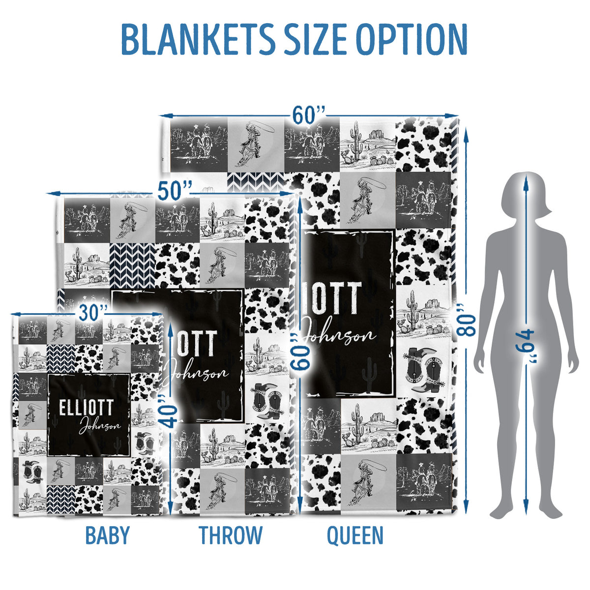Baby Cowboy Blankets for Boys Girls, Black Western Blanket Pattern, Baby Stuff, Personalized Name Fleece Blankets for Son Newborn Infant