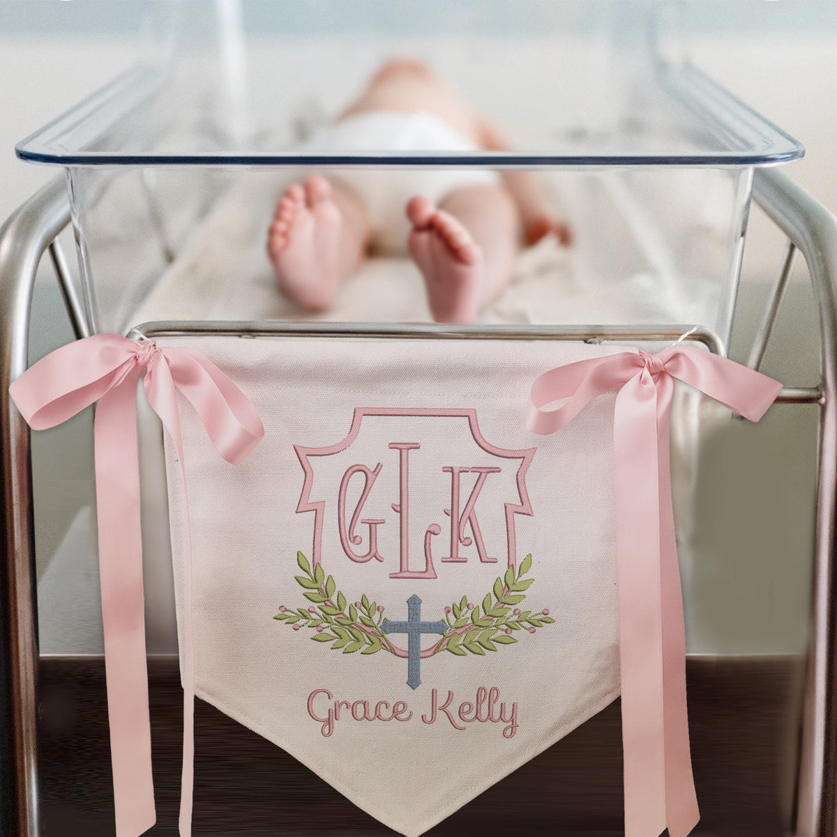 Baby Crib Canvas Hanging Pennant Flag, Newborn Baby Banner with Bows Ribbon, Baby Shower Banner, Baby Room Front Door Sign, Nursery Wall Décor