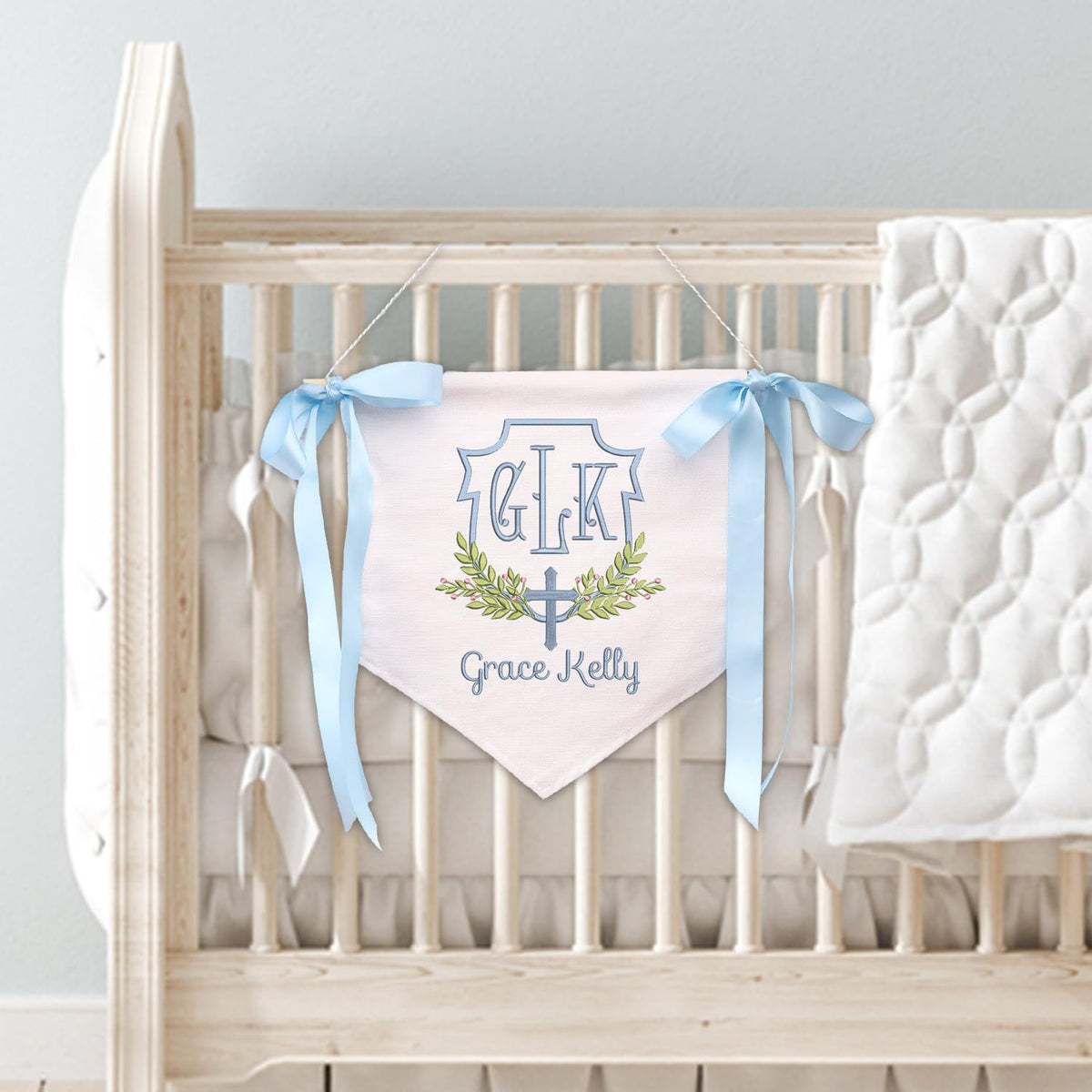 Baby Crib Canvas Hanging Pennant Flag, Newborn Baby Banner with Bows Ribbon, Baby Shower Banner, Baby Room Front Door Sign, Nursery Wall Décor